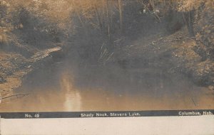 COLUMBUS NEBRASKA~SHADY NOOK AT STEVENS LAKE-OLSON REAL PHOTO 1908 PMK POSTCARD
