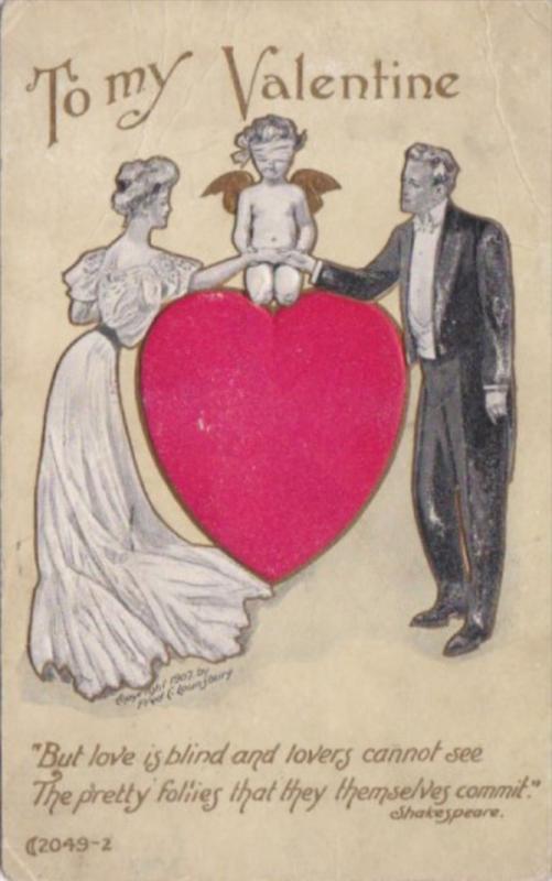 Valentine's Day With Cupid Sitting On Large Red Heart & Bride and Groom 1909