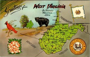 Greetings from West Virginia Postcard Map State Flower Bird Tree Flower UNP