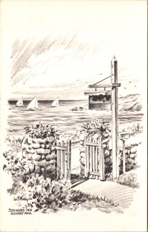 Seaward Inn Rockport MA Ocean View Sailboats Illustration Vtg Postcard