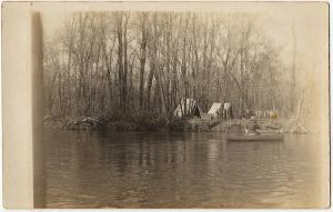 1904-18 RPPC Camping Trip on River Lake Tents Woman in Canoe Real Photo Postcard