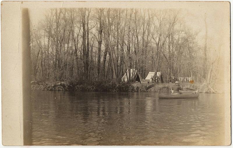 1904-18 RPPC Camping Trip on River Lake Tents Woman in Canoe Real Photo Postcard