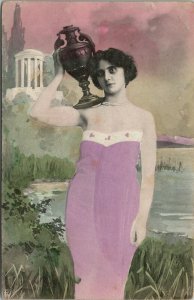 Greecian Beauty Woman with Urn  1911 Macksville KS to Palmer MO Postcard V11