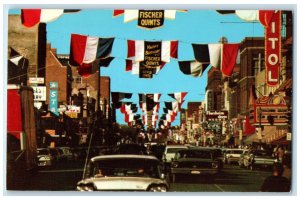 c1950's Main Street Quints Parade Streamers Cars Aberdeen South Dakota Postcard