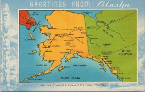 Greetings from Alaska Map Yukon Totem Unused CP Johnston Linen Postcard G46