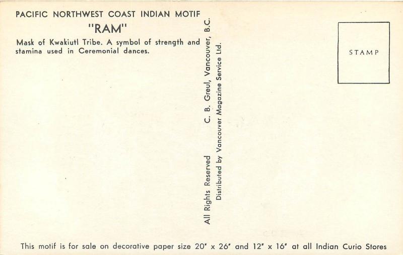 Vntage Postcard CB Greul British Columbia Indian Motif Ram Kwakiutl Tribe Symbol