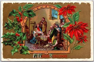 A Merry Christmas Poinsettia Portrait Mother  Mary And Baby Jesus Three Postcard