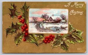 Holiday~Holly Home By Lake & Christmas Greeting~Vintage Postcard