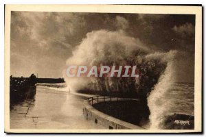 Old Postcard A wave during high tide