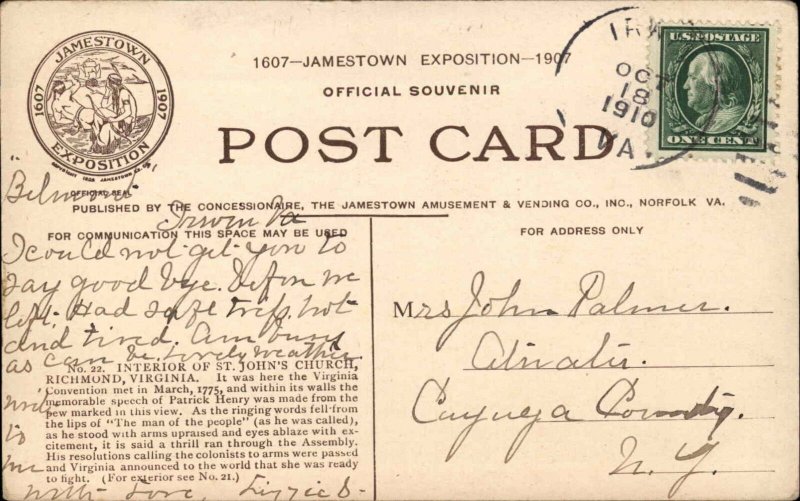 Jamestown Exposition 1907 St John's Church Interior Postcard