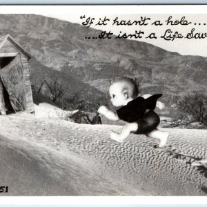 c1950s Baby Running to Outhouse RPPC Hasn't A Hole Life Saver Real Photo A129