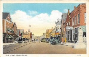 Main Street Scene Drug Store Cars Calais Maine 1929 postcard