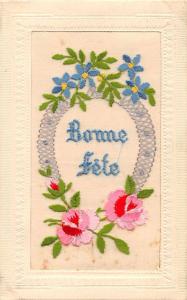 Greetings Bonne Fete Birthday Greetings Silk Embroidered Antique Postcard J73773