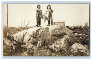 1912 Children Hunters Holding Hawk Eagle Owl Osprey Guns RPPC Photo Postcard 
