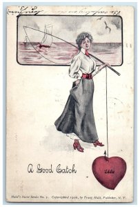 1906 Valentine Woman Cached Heart Eddie Boat Trenton New Jersey NJ Postcard