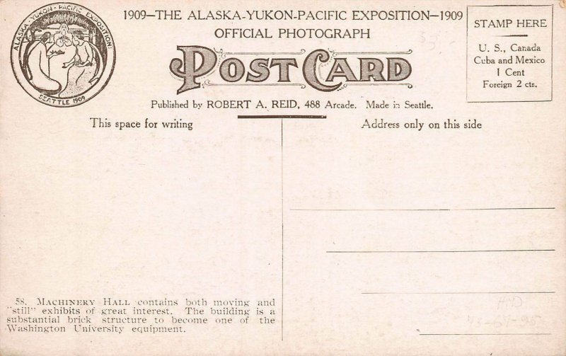 Machinery Hall, Alaska-Yukon-Pacific Expo, Seattle, WA.,1909, Official Postcard