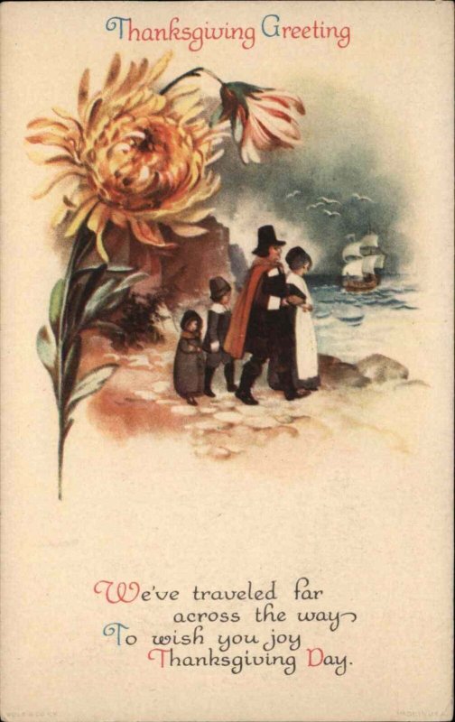 Thanksgiving Pilgrim Family on Shore Flower Border c1910 Vintage Postcard