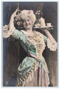 Pretty Woman Postcard RPPC Photo Victorian Dress Tea Time c1910's Antique