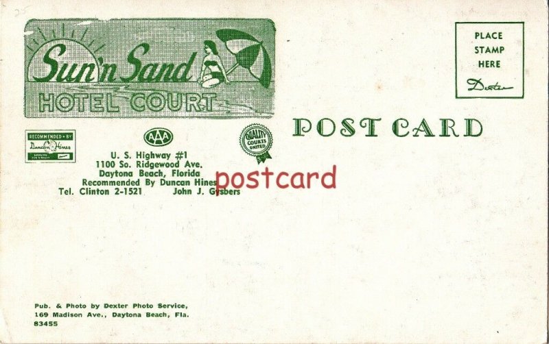 c1950/60's SUN'N SAND HOTEL COURT Daytona Beach FL John J. Gysbers, motel