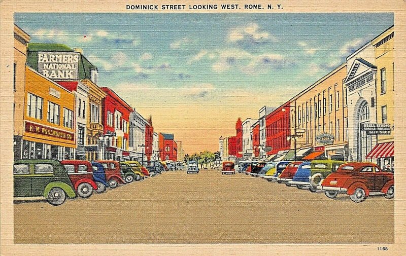 ROME NEW YORK~DOMINICK STREET WEST-STOREFRONTS-BANK-WOOLWORTH POSTCARD