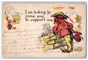 c1905 Man Hobo Woman Hanging Laundry Anthropomorphic Sun Face Antique Postcard