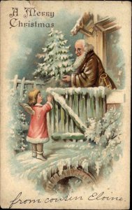 Christmas Angel with Santa Claus in Brown Robe c1910 Postcard