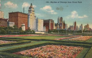 Vintage Postcard 1949 Skyline Chicago From Grant Park Bed Flowers Illinois ILL