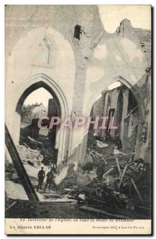 Postcard Old Army War Interior of The Church in the background Road Dixmunde