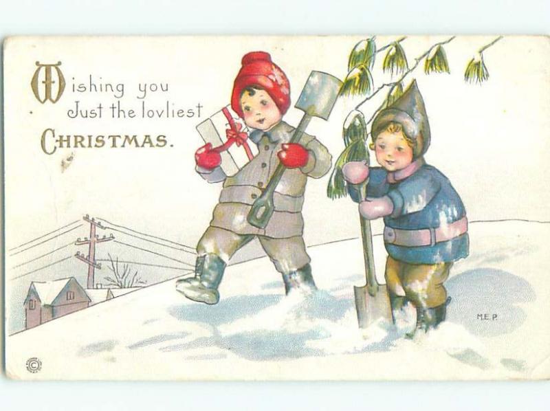 1915 christmas signed MARGARET EVANS PRICE MEP - BOYS USE SNOW SHOVELS W6843