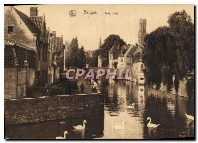 Postcard Old Bruges Qual Green Swans