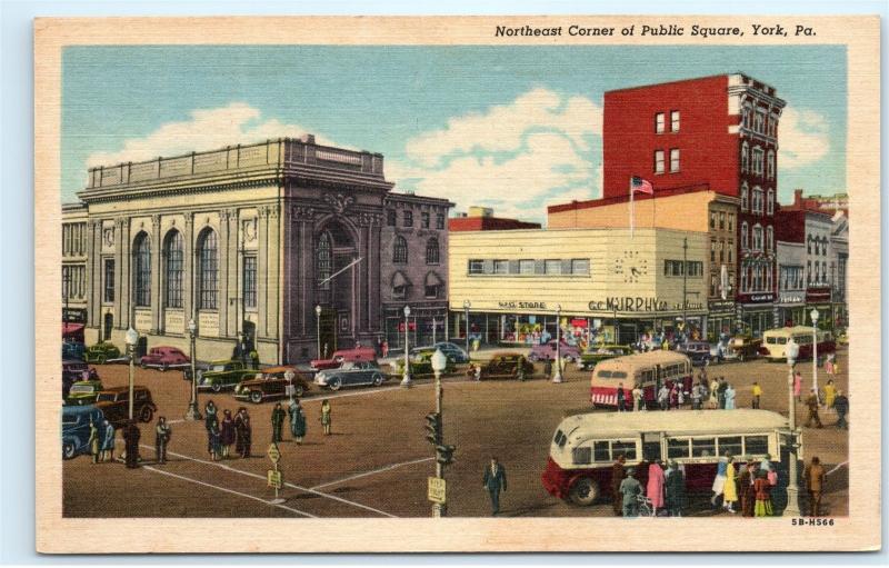 1940s Public Square York PA Pennsylvania Murphy Buses Vintage Linen Postcard B33