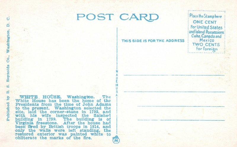 Vintage Postcard 1920's White House Washington D. C. District Columbia