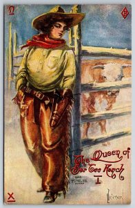 L Peterson~Western Cowgirl~The Queen Of Bar Tee Ranch~Steer~HH Tammen~c1910