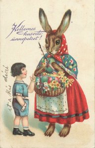 Surrealism fantasy humanized animal Easter rabbit painted eggs basket Postcard