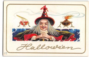 Witch & Cauldron HALLOWEEN Greetings 1910s Antique Embossed Nash Postcard