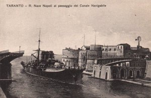 Postcard Italian Royal Navy Battleship in Taranto Canal Bridge up