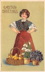 Easter Greetings Woman With Basket Of Chicks & Flowers, Embossed, PC U8939