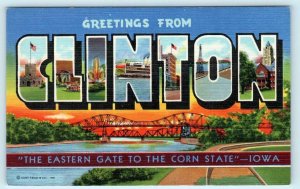 Large Letter Linen CLINTON, IOWA IA  Curteich ca 1940s  Postcard