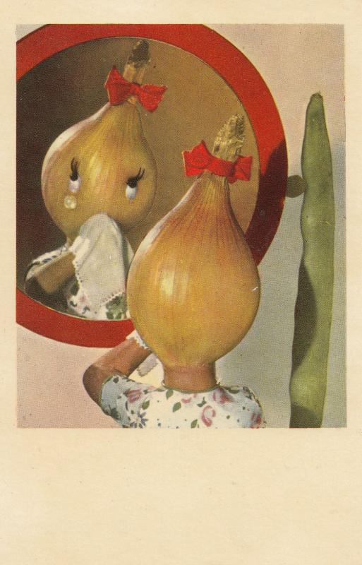 Onion Woman Crying In Pea Pod Mirror Eyelashes Tears Vegetable Postcard