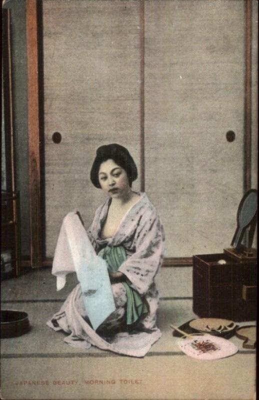 Japanese Beautiful Geisha Woman Semi Nude Morning Toilet Postcard c1910