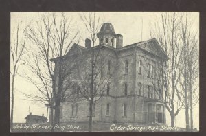 CEDAR SPRINGS MICHIGAN HIGH SCHOOL BUILDING VINTAGE POSTCARD SKINNERS DRUG STORE