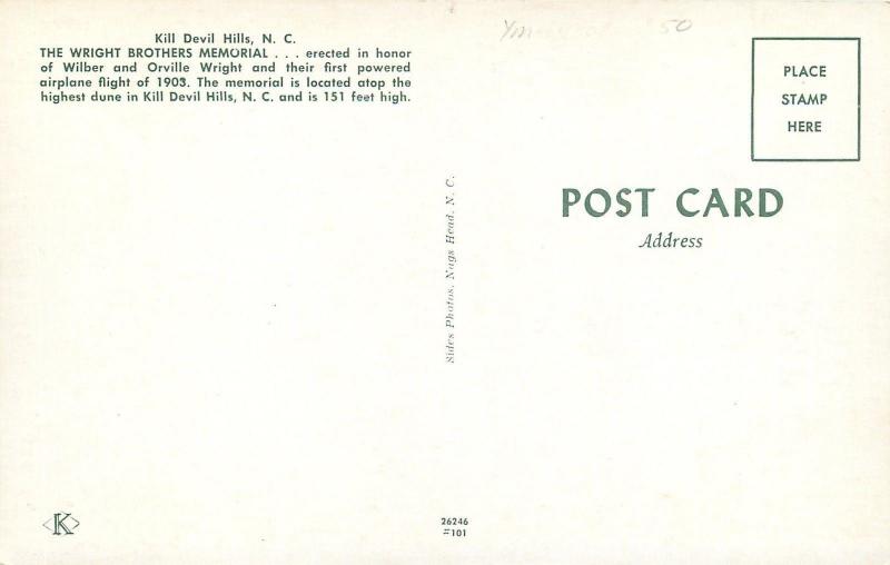 Kill Devil Hills North Carolina~Wright Brothers Memorial~1950s Postcard