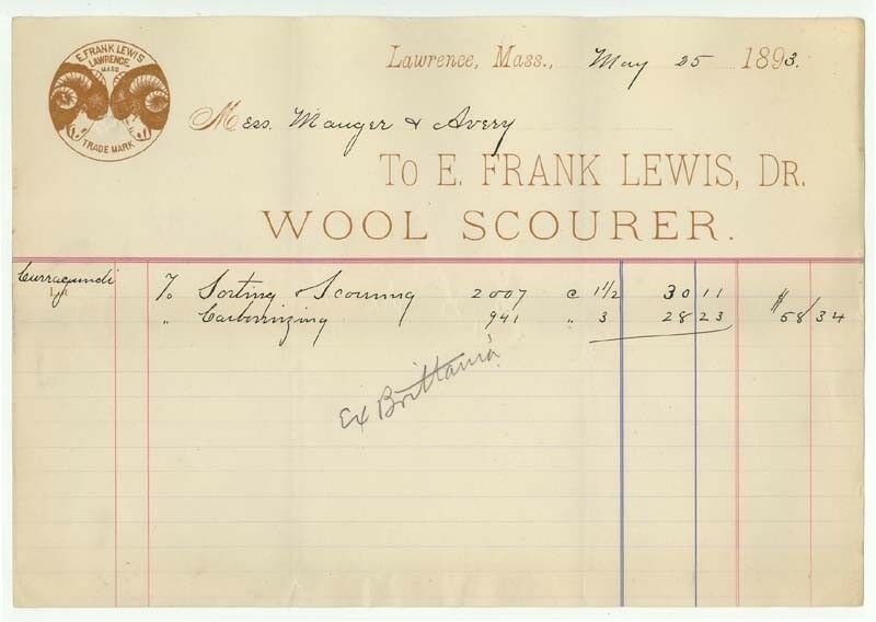 1893 Billhead, E. FRANK LEWIS, Dr., Wool Scourer, Lawrence, Massachusetts