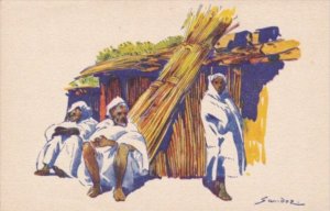 North Africa Local Tribesmen In Front of Typical Hut Signed Sandoz