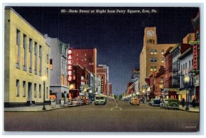 c1940 State Street Night Perry Square Erie Pennsylvania Vintage Antique Postcard