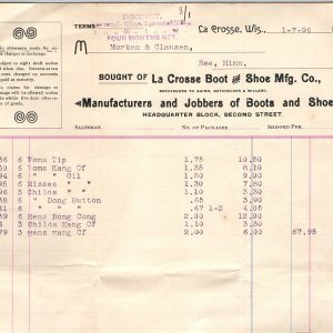 1896 La Crosse, WI Boot & Shoe Mfg Invoice Store Wholesale Letterhead Receipt R1