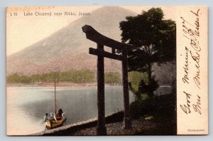 Vintage Handcolored Postcard Lake Chuzenji Nikko Japan Torii Gate Boat Rotograph