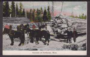 Minnesota Souvenir of Northome - 2 teams of horses pulling logs on sleigh - DB