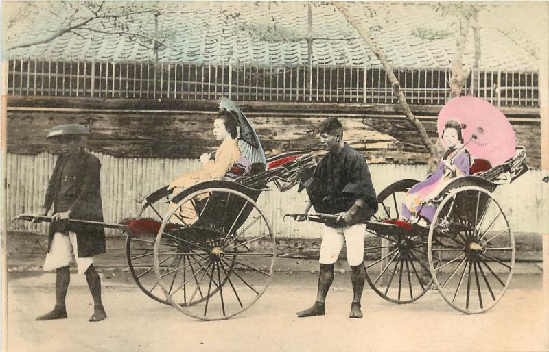Hand Tinted Postcard Two Japanese Woman in Rickshaws Kimono and Parasol Geisha 