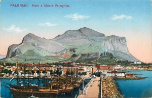 Italy Palermo Pellegrino mountain and sailing vessel pier